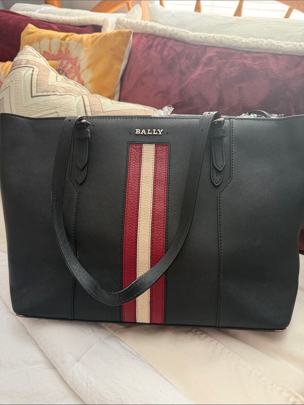 Bally Black Leather Supra Tote with iconic central Red and Cream Center Stripe